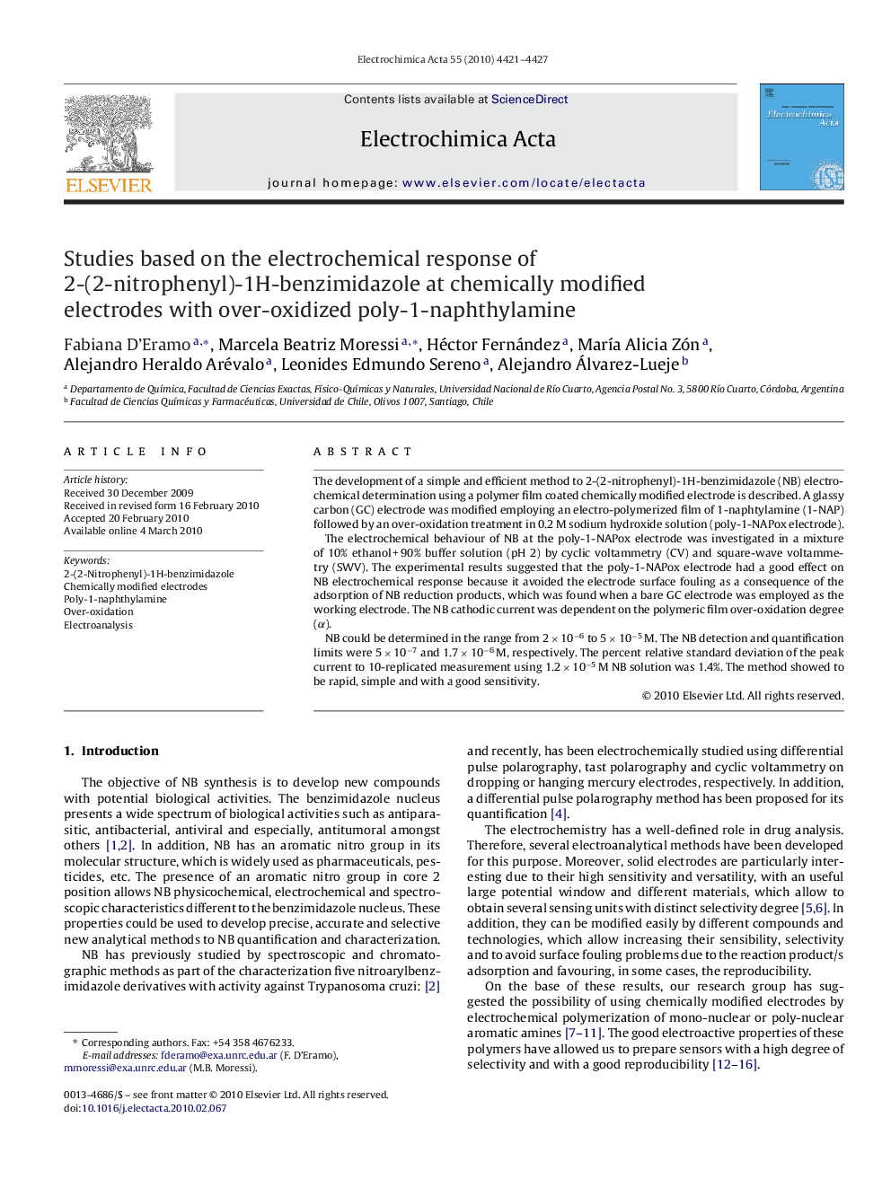 Studies based on the electrochemical response of 2-(2-nitrophenyl)-1H-benzimidazole at chemically modified electrodes with over-oxidized poly-1-naphthylamine