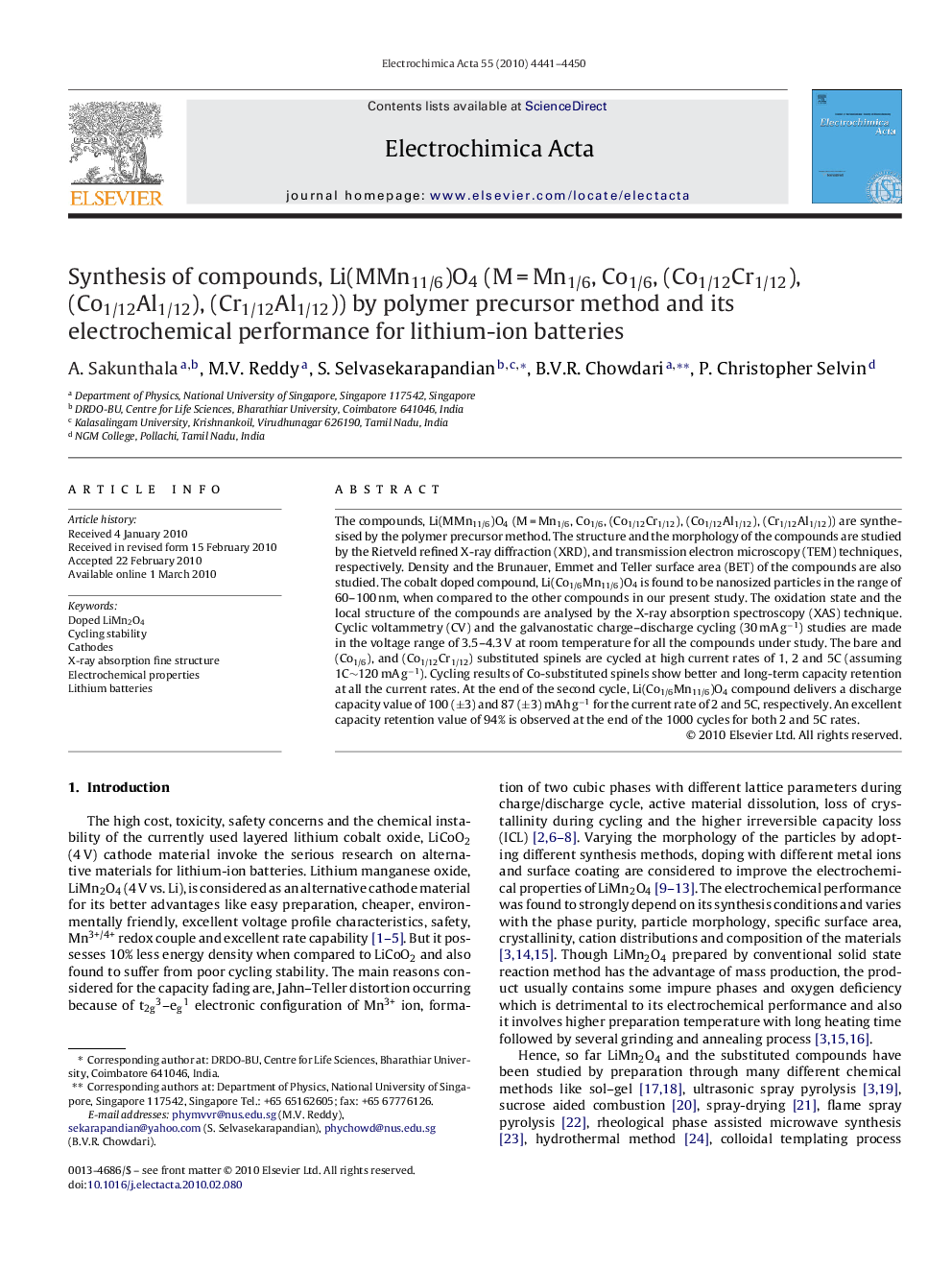 Synthesis of compounds, Li(MMn11/6)O4 (M = Mn1/6, Co1/6, (Co1/12Cr1/12), (Co1/12Al1/12), (Cr1/12Al1/12)) by polymer precursor method and its electrochemical performance for lithium-ion batteries