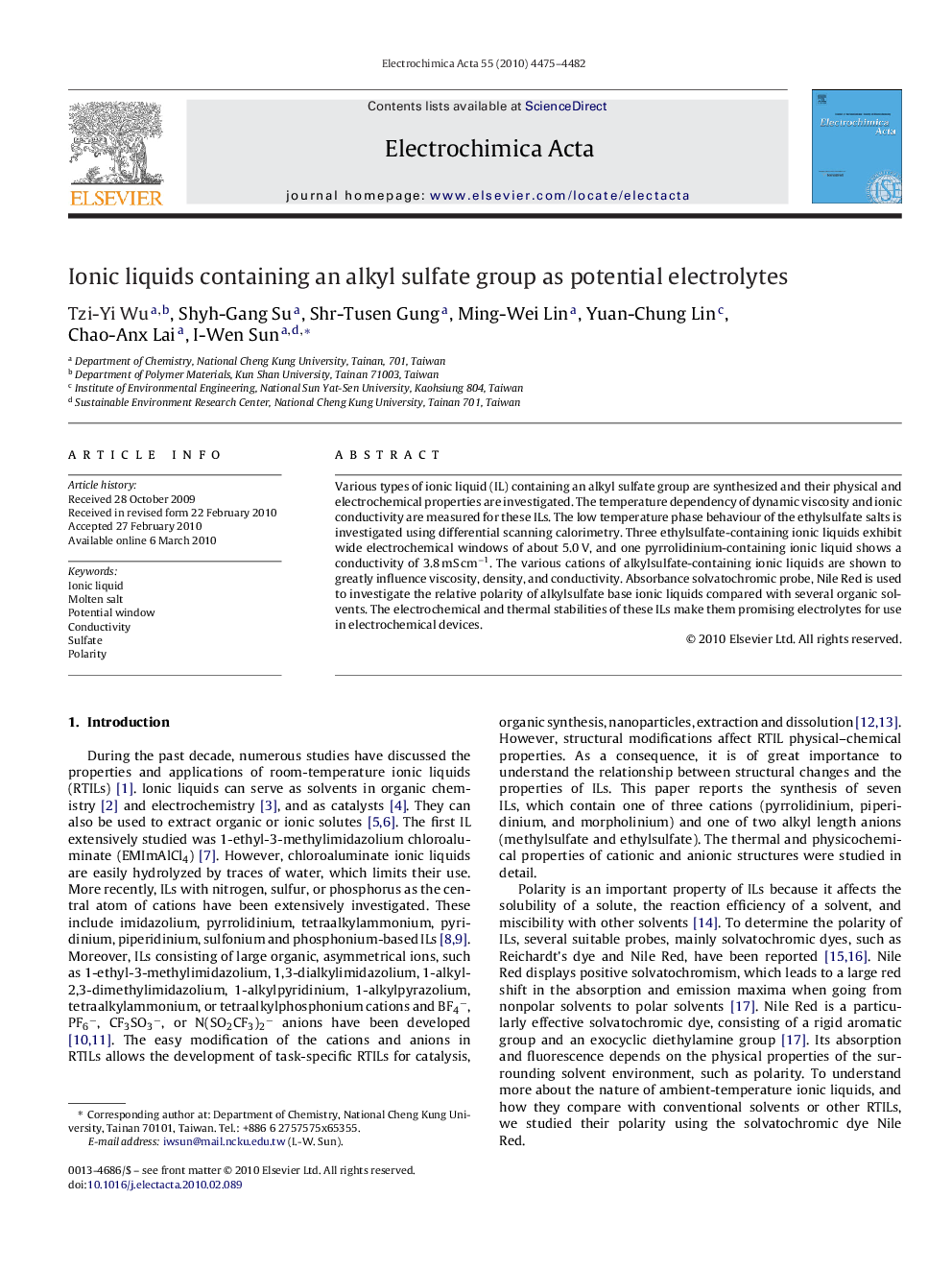 Ionic liquids containing an alkyl sulfate group as potential electrolytes