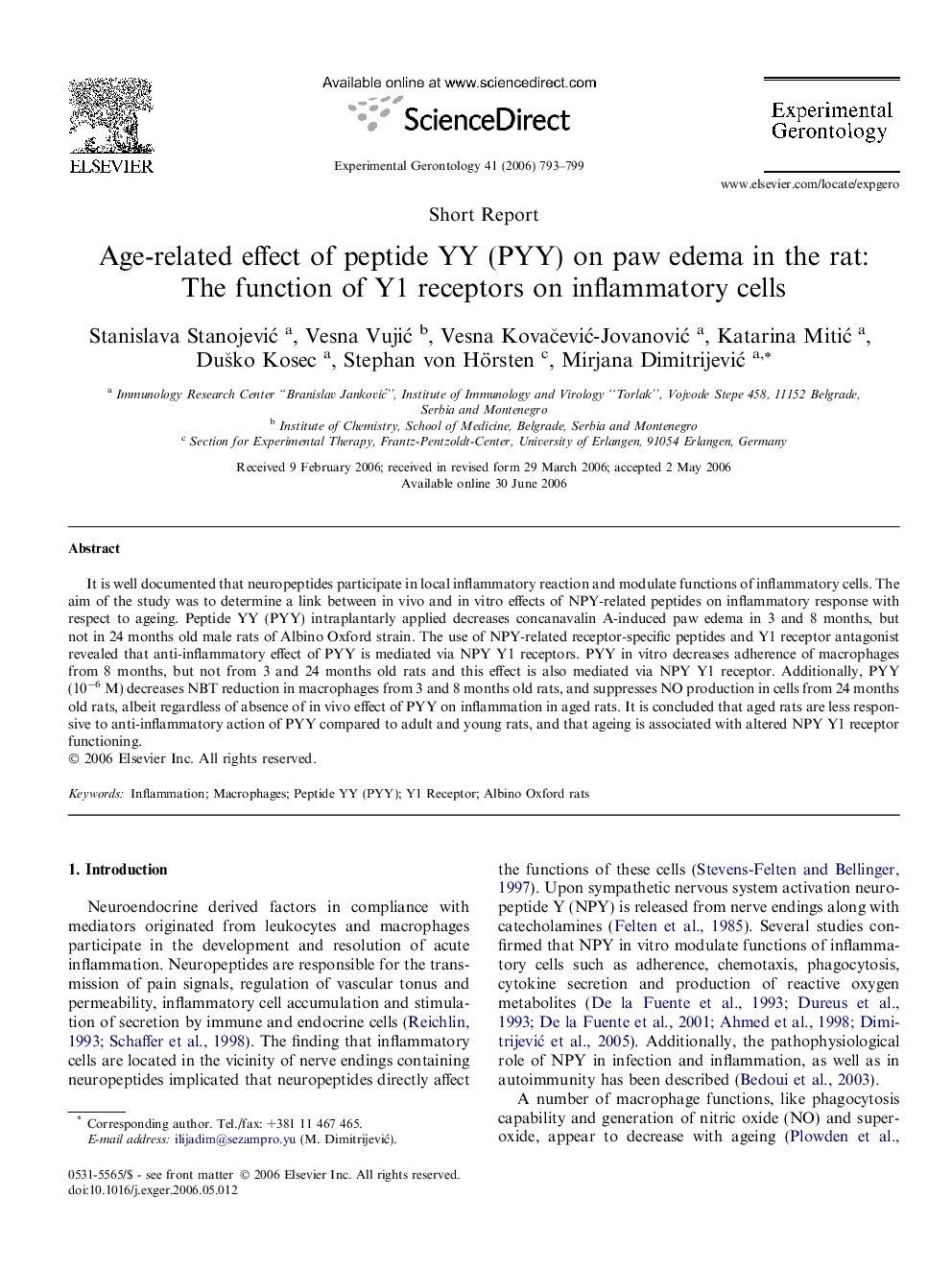 Age-related effect of peptide YY (PYY) on paw edema in the rat: The function of Y1 receptors on inflammatory cells