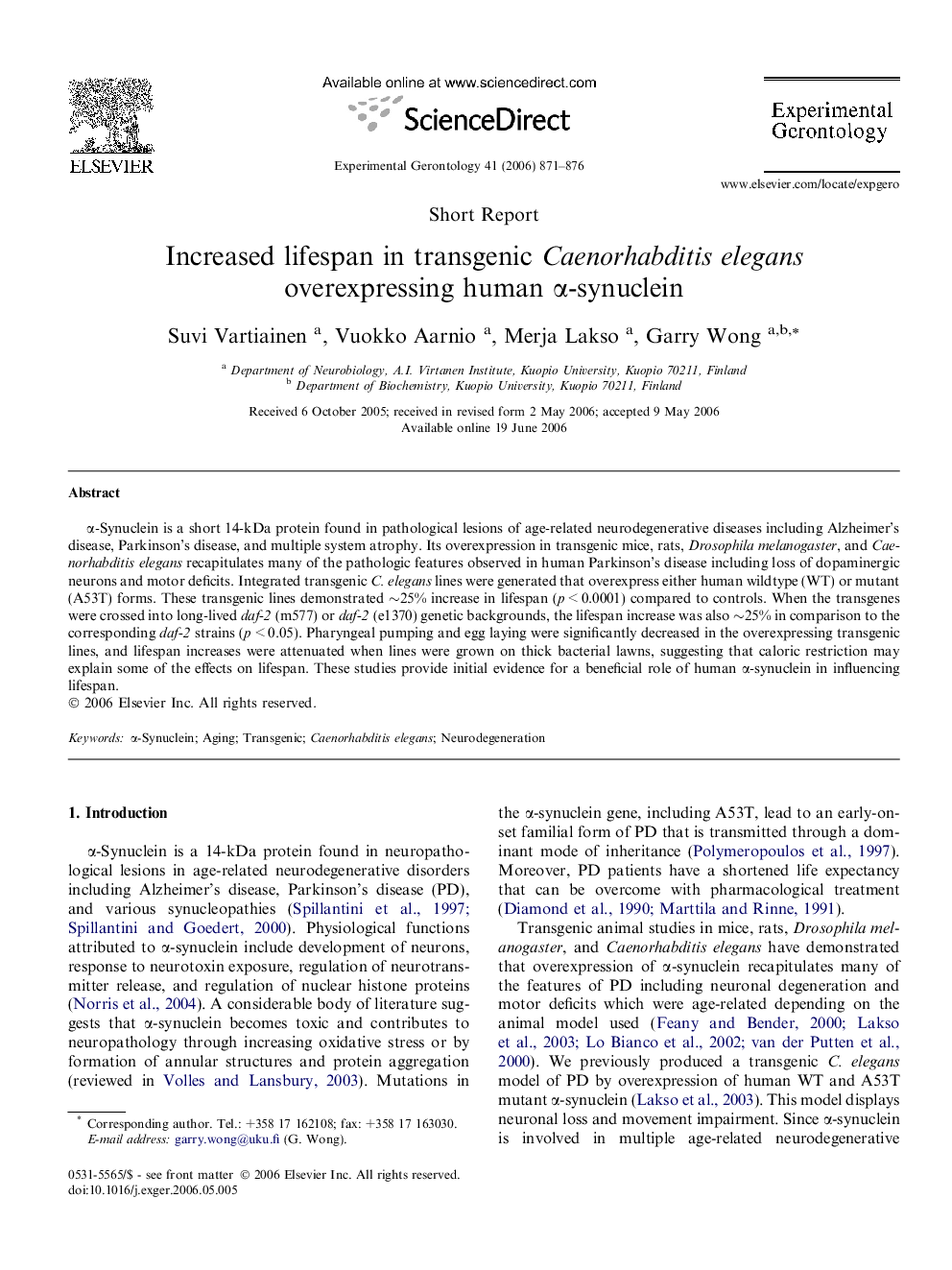 Increased lifespan in transgenic Caenorhabditis elegans overexpressing human α-synuclein