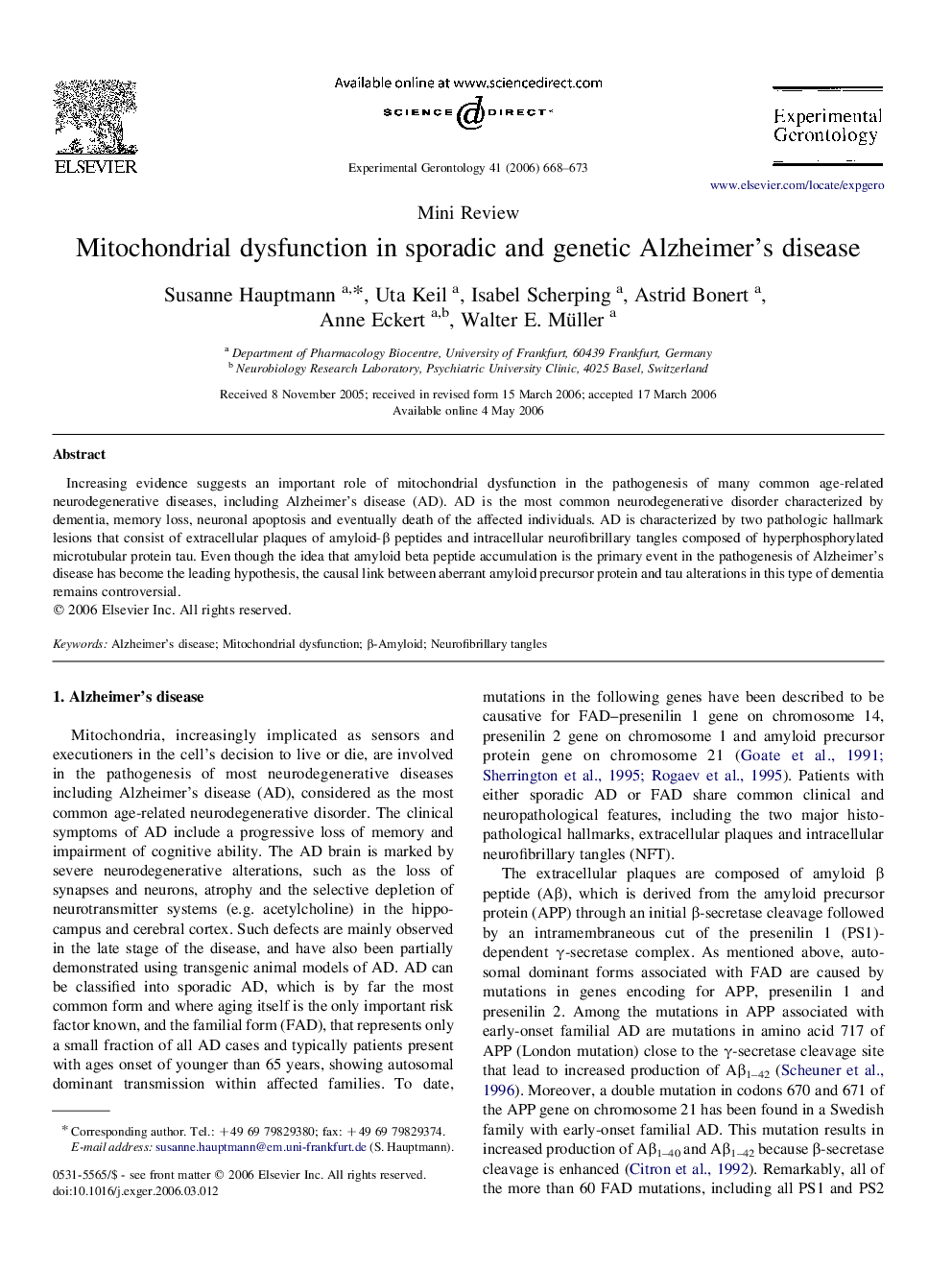 Mitochondrial dysfunction in sporadic and genetic Alzheimer's disease