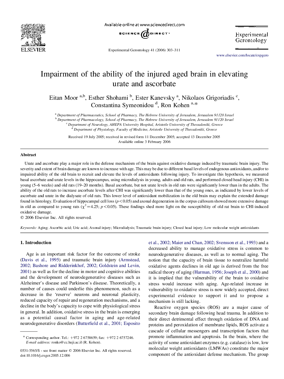 Impairment of the ability of the injured aged brain in elevating urate and ascorbate