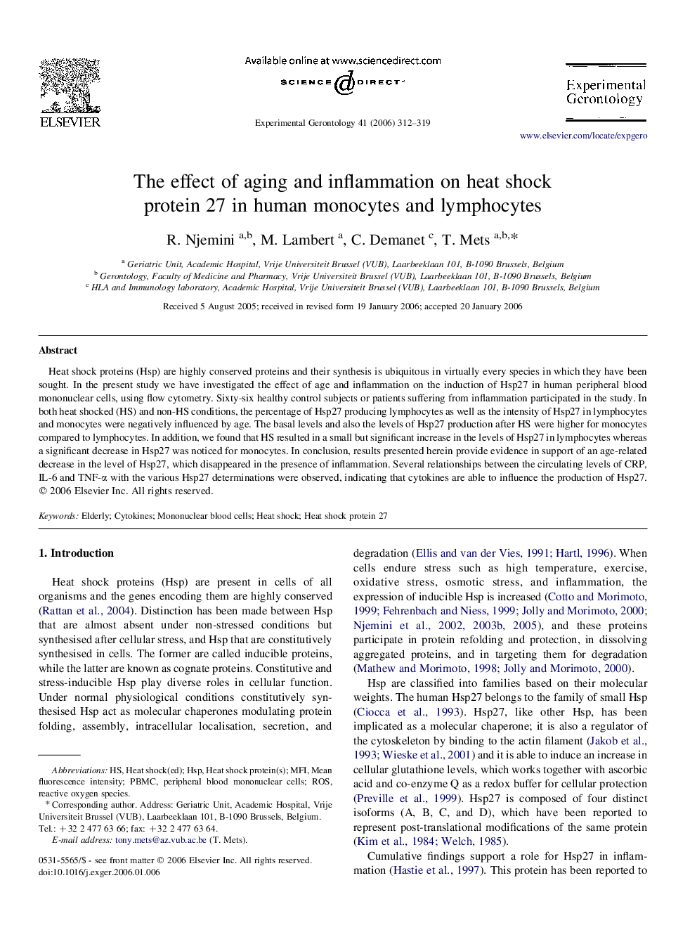 The effect of aging and inflammation on heat shock protein 27 in human monocytes and lymphocytes