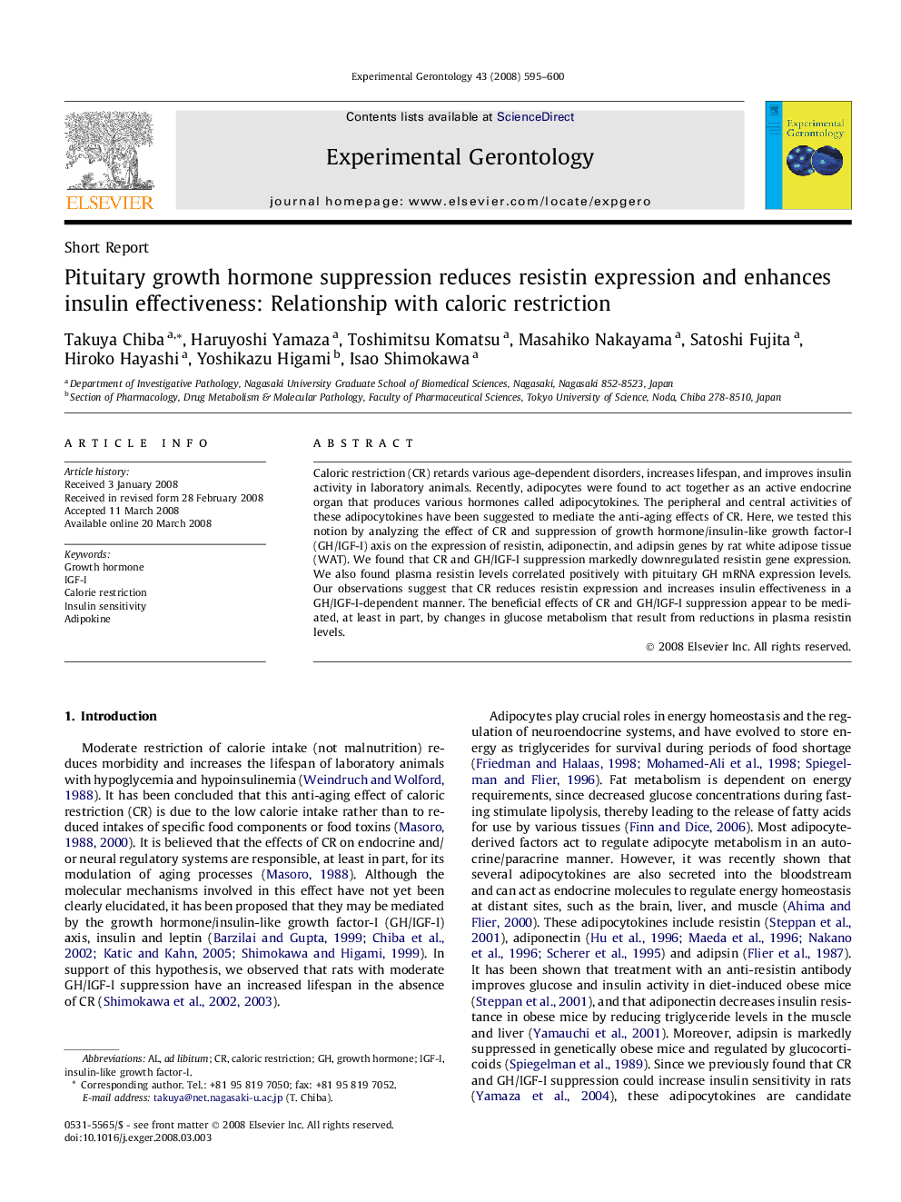 Pituitary growth hormone suppression reduces resistin expression and enhances insulin effectiveness: Relationship with caloric restriction