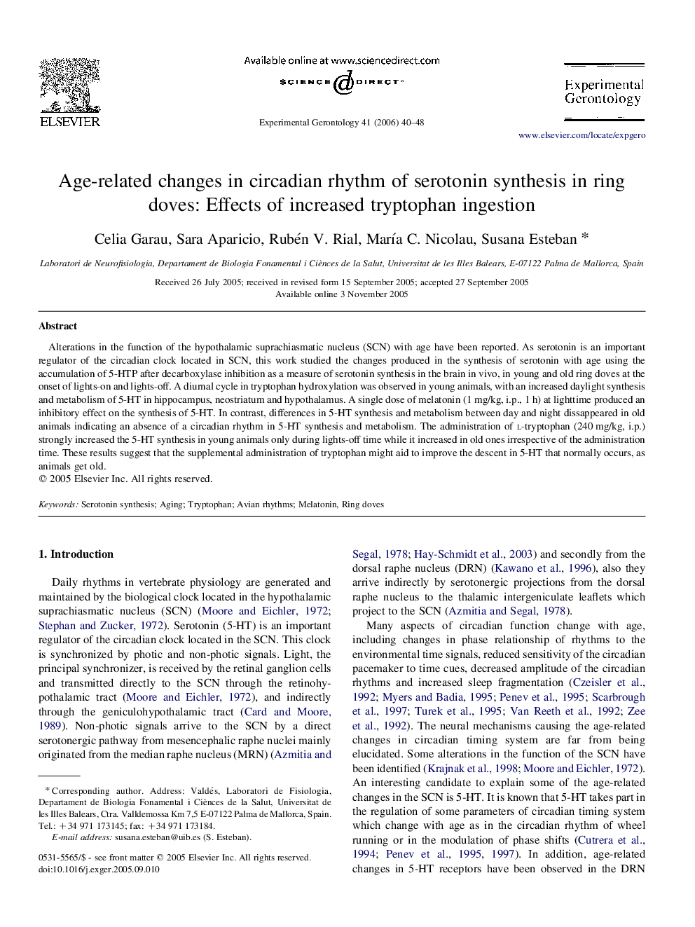 Age-related changes in circadian rhythm of serotonin synthesis in ring doves: Effects of increased tryptophan ingestion