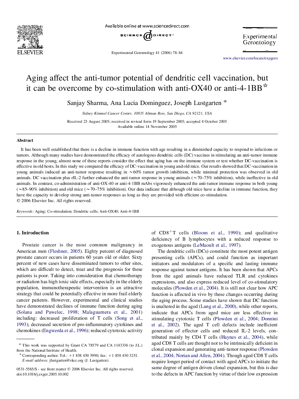 Aging affect the anti-tumor potential of dendritic cell vaccination, but it can be overcome by co-stimulation with anti-OX40 or anti-4-1BB 