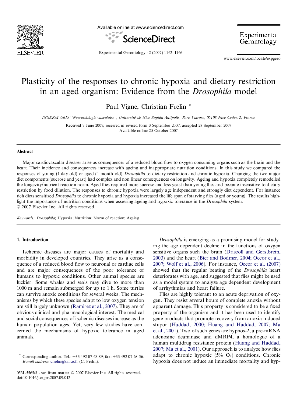 Plasticity of the responses to chronic hypoxia and dietary restriction in an aged organism: Evidence from the Drosophila model