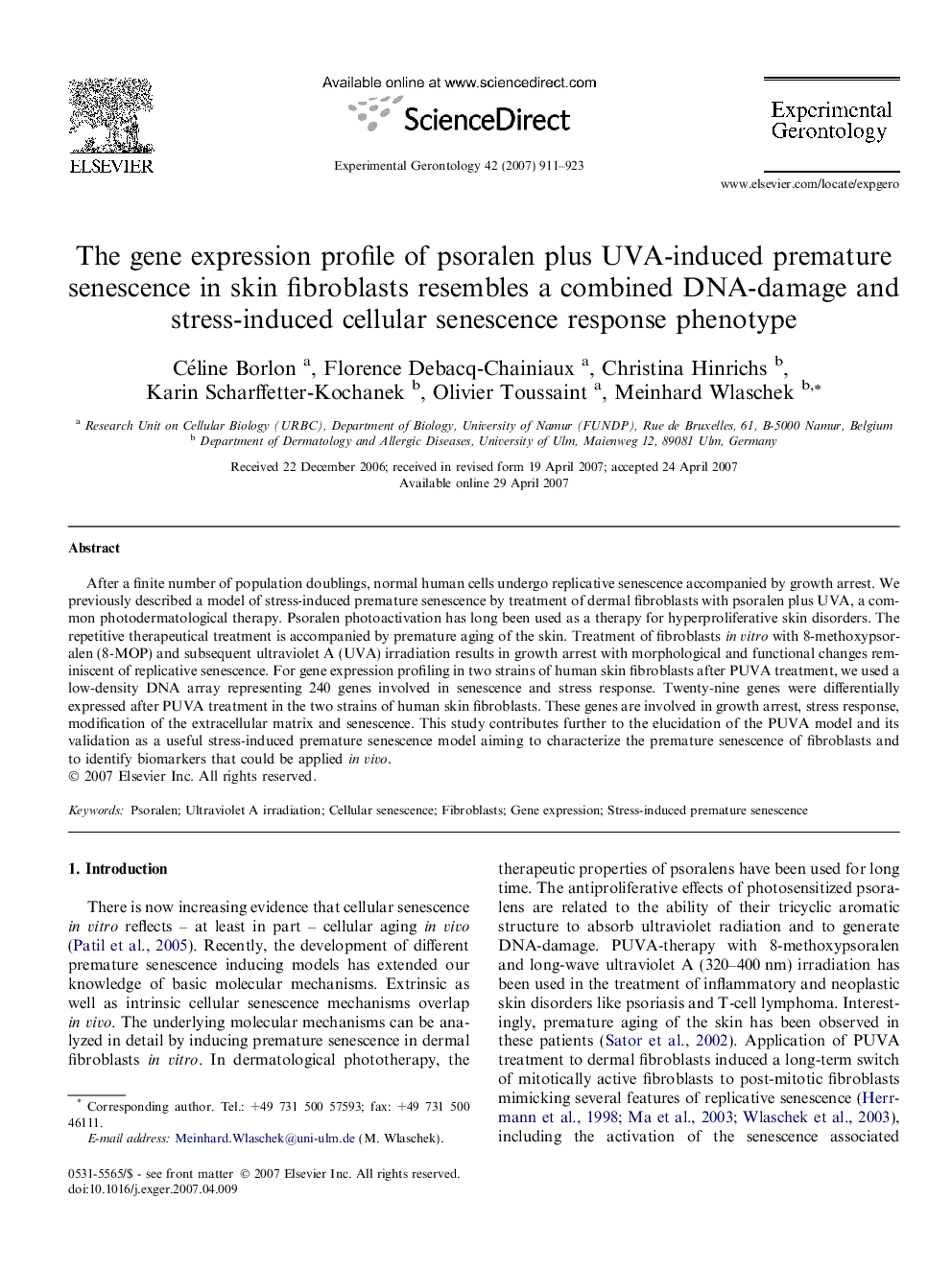 The gene expression profile of psoralen plus UVA-induced premature senescence in skin fibroblasts resembles a combined DNA-damage and stress-induced cellular senescence response phenotype