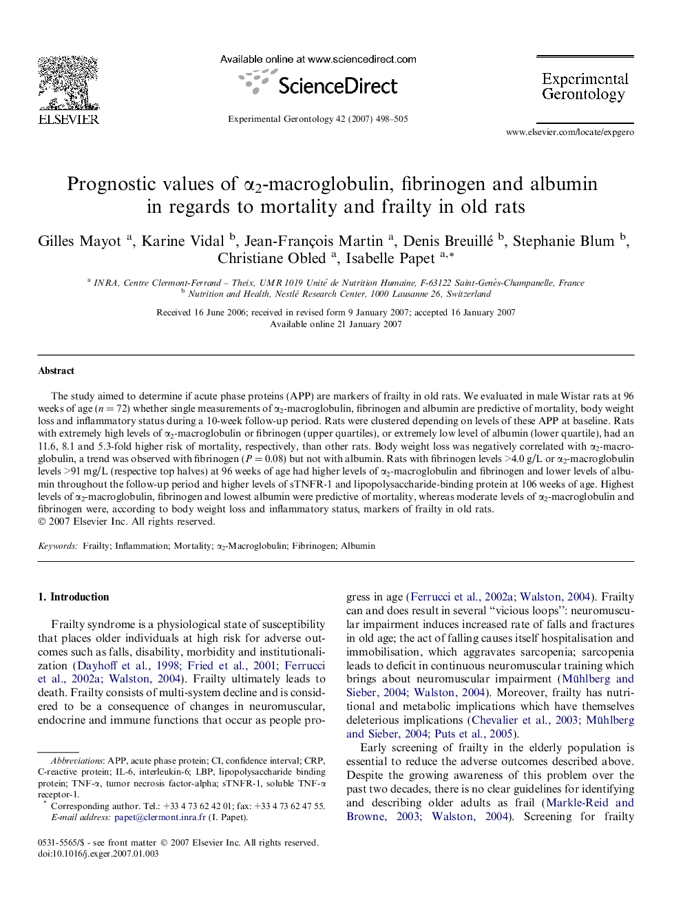 Prognostic values of α2-macroglobulin, fibrinogen and albumin in regards to mortality and frailty in old rats