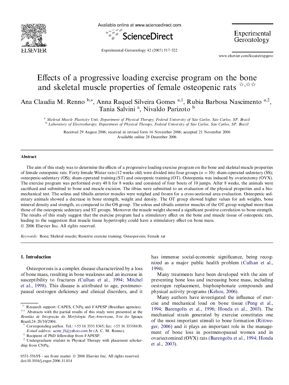 Effects of a progressive loading exercise program on the bone and skeletal muscle properties of female osteopenic rats 