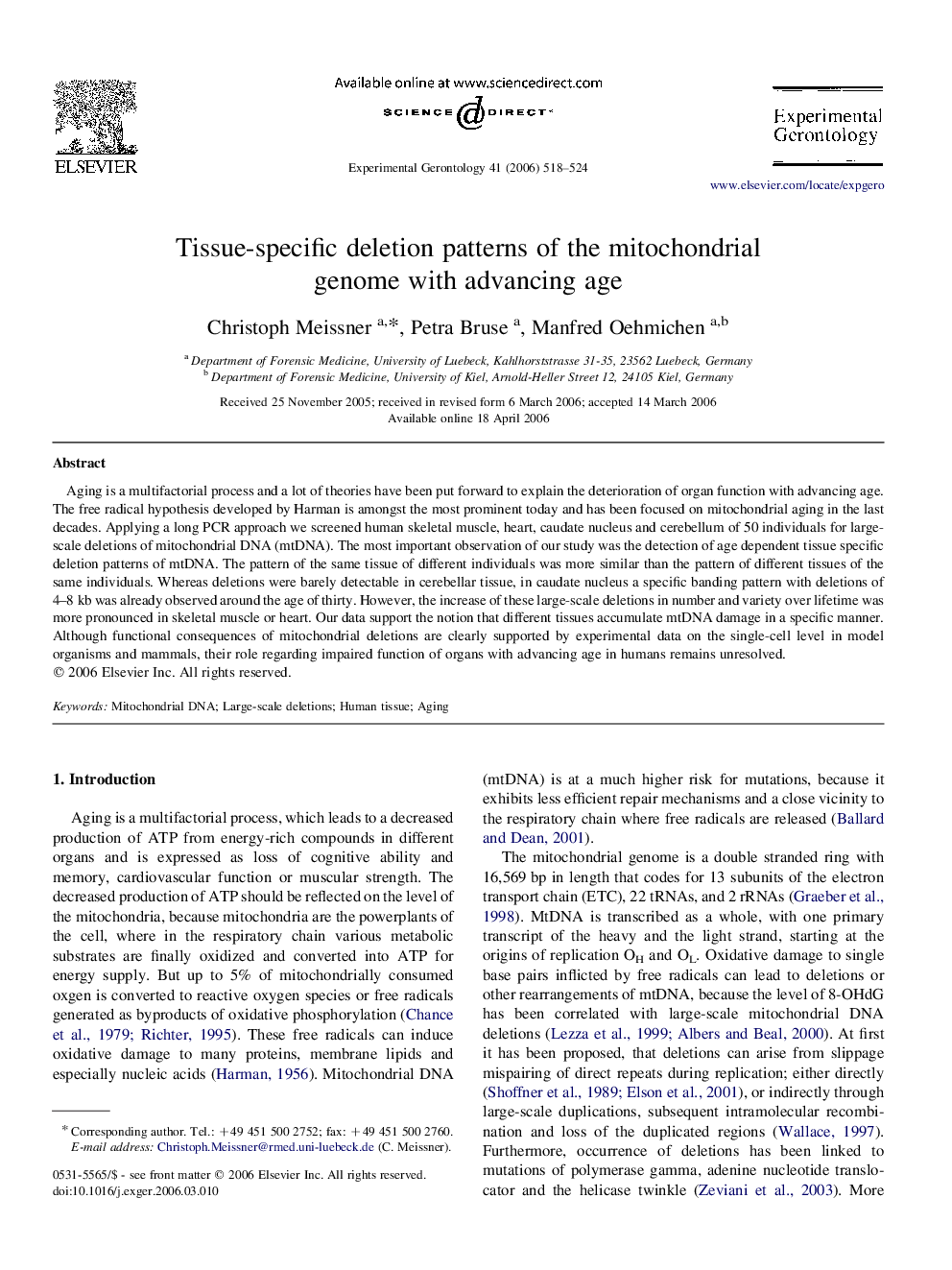 Tissue-specific deletion patterns of the mitochondrial genome with advancing age