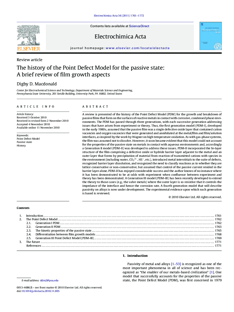 The history of the Point Defect Model for the passive state: A brief review of film growth aspects