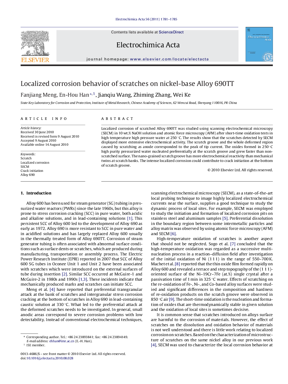 Localized corrosion behavior of scratches on nickel-base Alloy 690TT