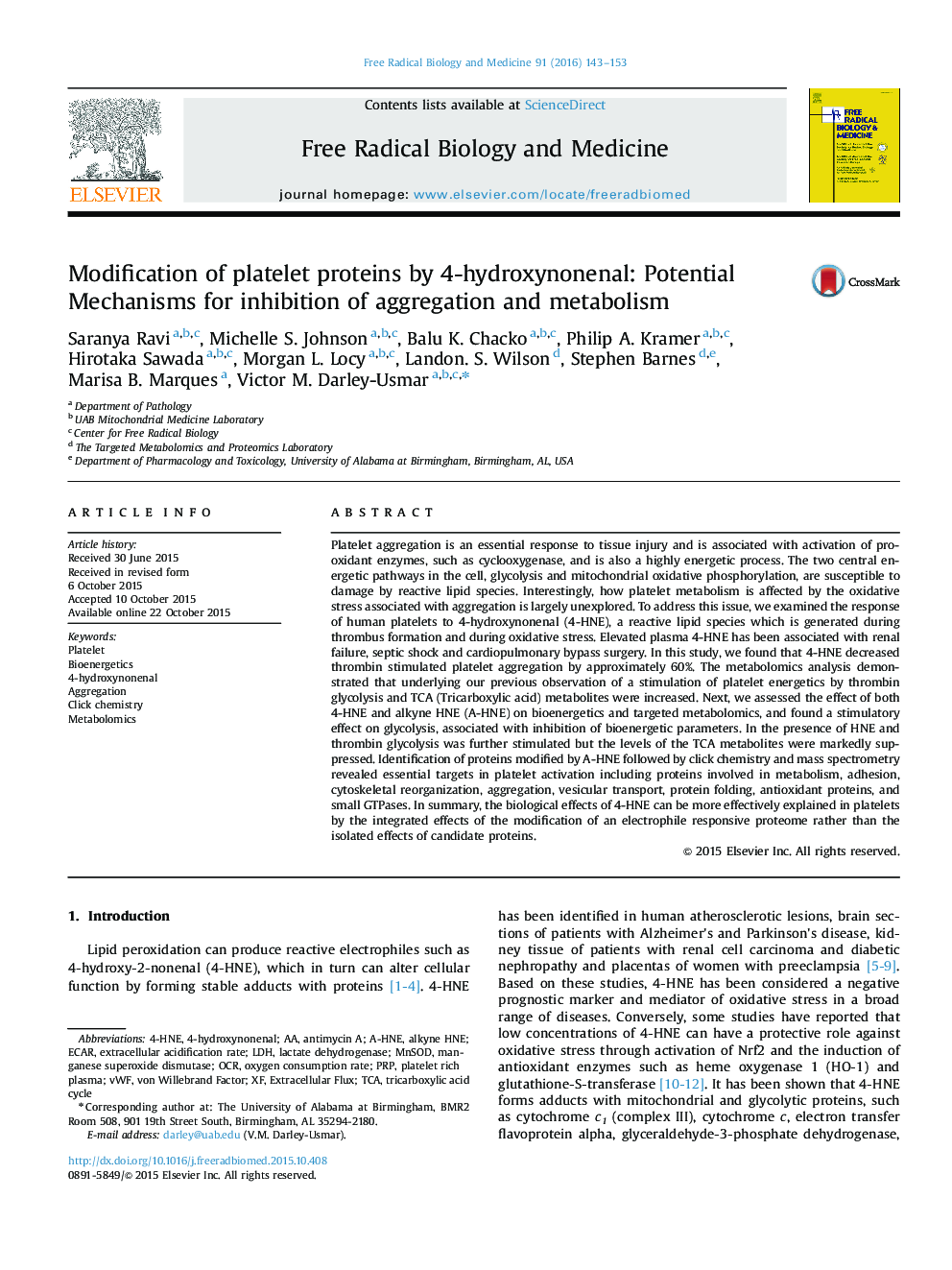 Modification of platelet proteins by 4-hydroxynonenal: Potential Mechanisms for inhibition of aggregation and metabolism