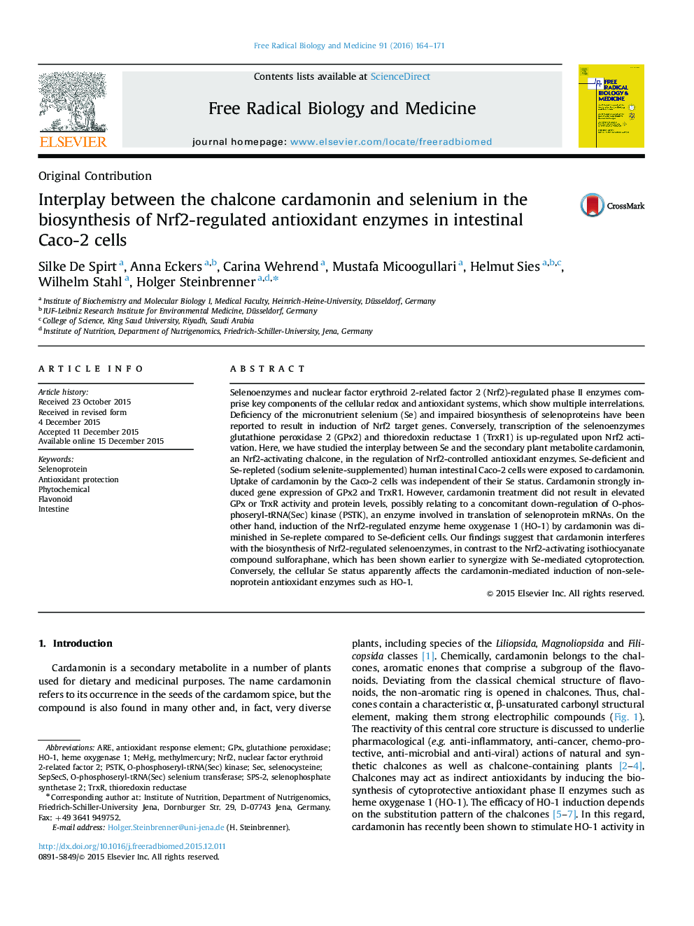 Interplay between the chalcone cardamonin and selenium in the biosynthesis of Nrf2-regulated antioxidant enzymes in intestinal Caco-2 cells