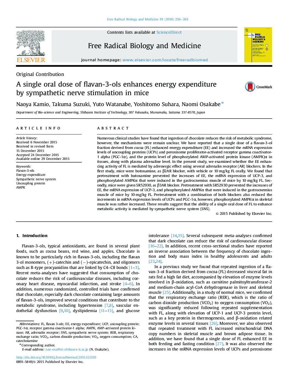 A single oral dose of flavan-3-ols enhances energy expenditure by sympathetic nerve stimulation in mice