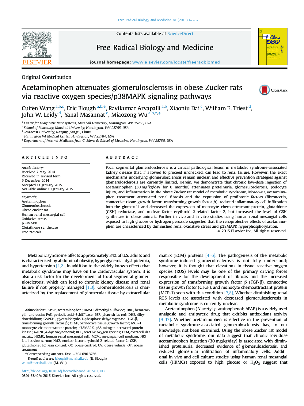 عکس صفحه اول مقاله: Acetaminophen attenuates glomerulosclerosis in obese Zucker rats via reactive oxygen species/p38MAPK signaling pathways Acetaminophen attenuates glomerulosclerosis in obese Zucker rats via reactive oxygen species/p38MAPK signaling pathways