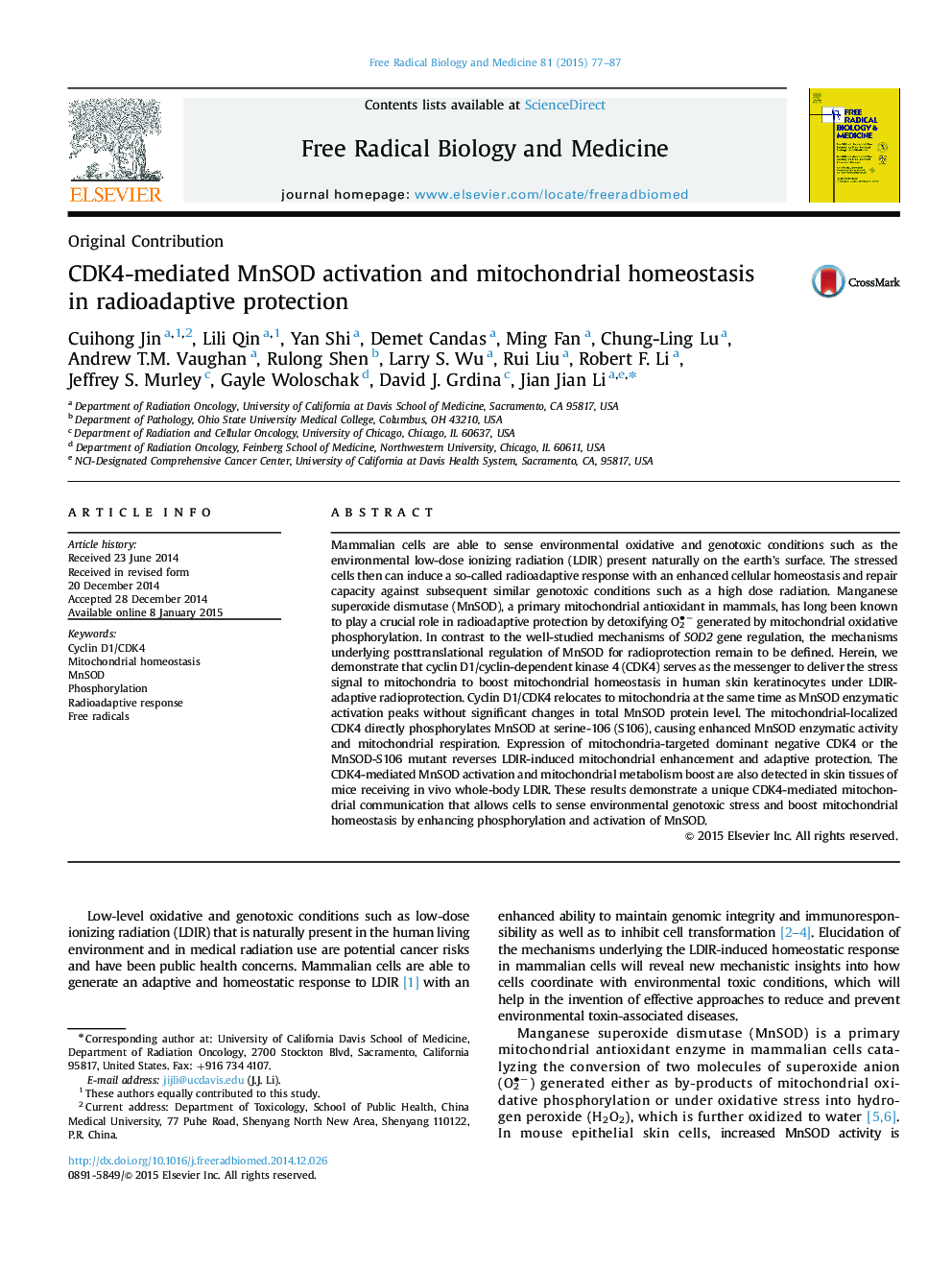 CDK4-mediated MnSOD activation and mitochondrial homeostasis in radioadaptive protection