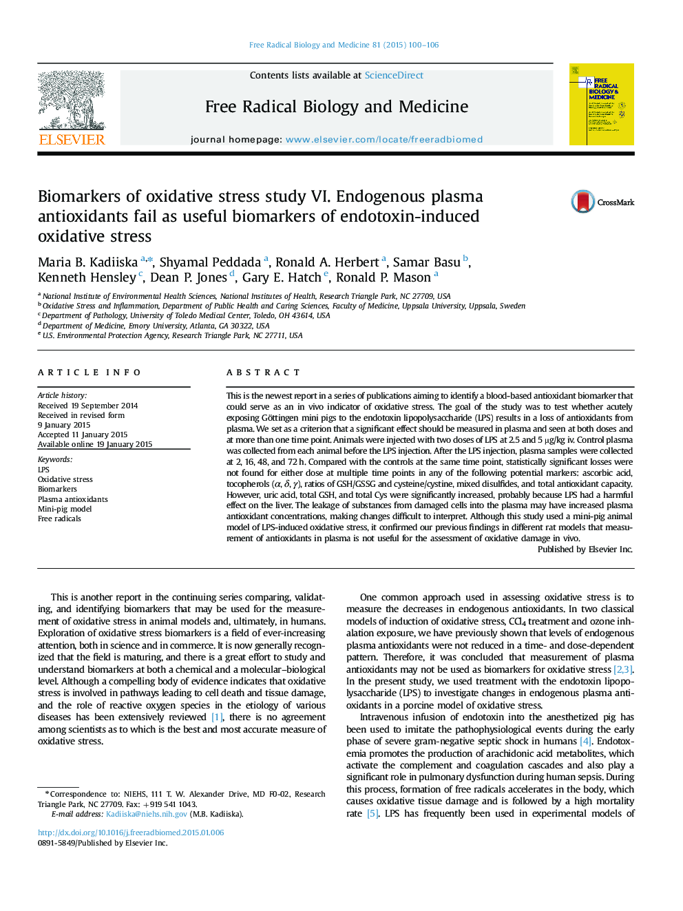 Biomarkers of oxidative stress study VI. Endogenous plasma antioxidants fail as useful biomarkers of endotoxin-induced oxidative stress