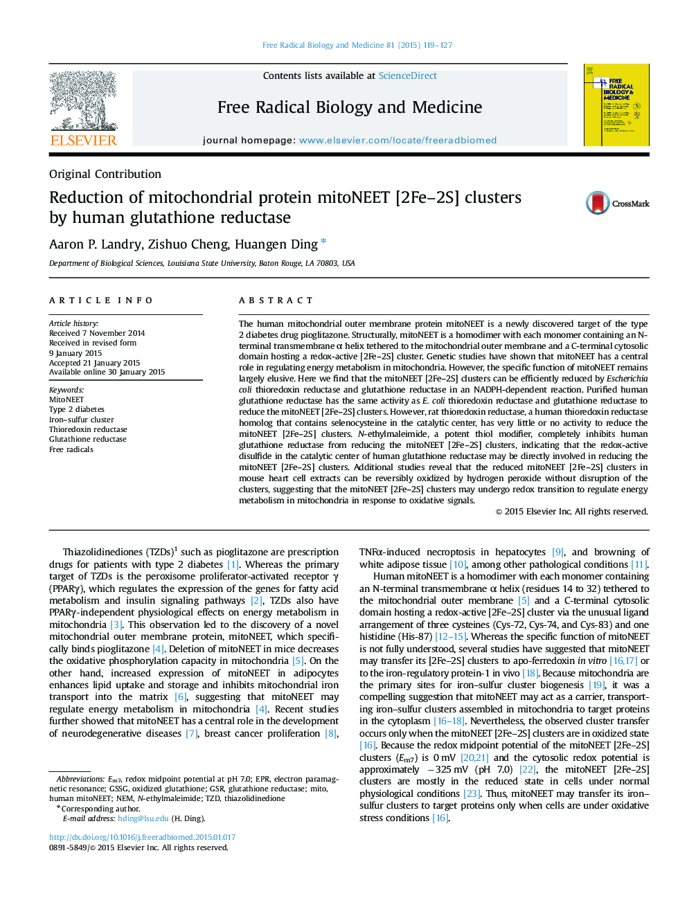 Reduction of mitochondrial protein mitoNEET [2Fe–2S] clusters by human glutathione reductase