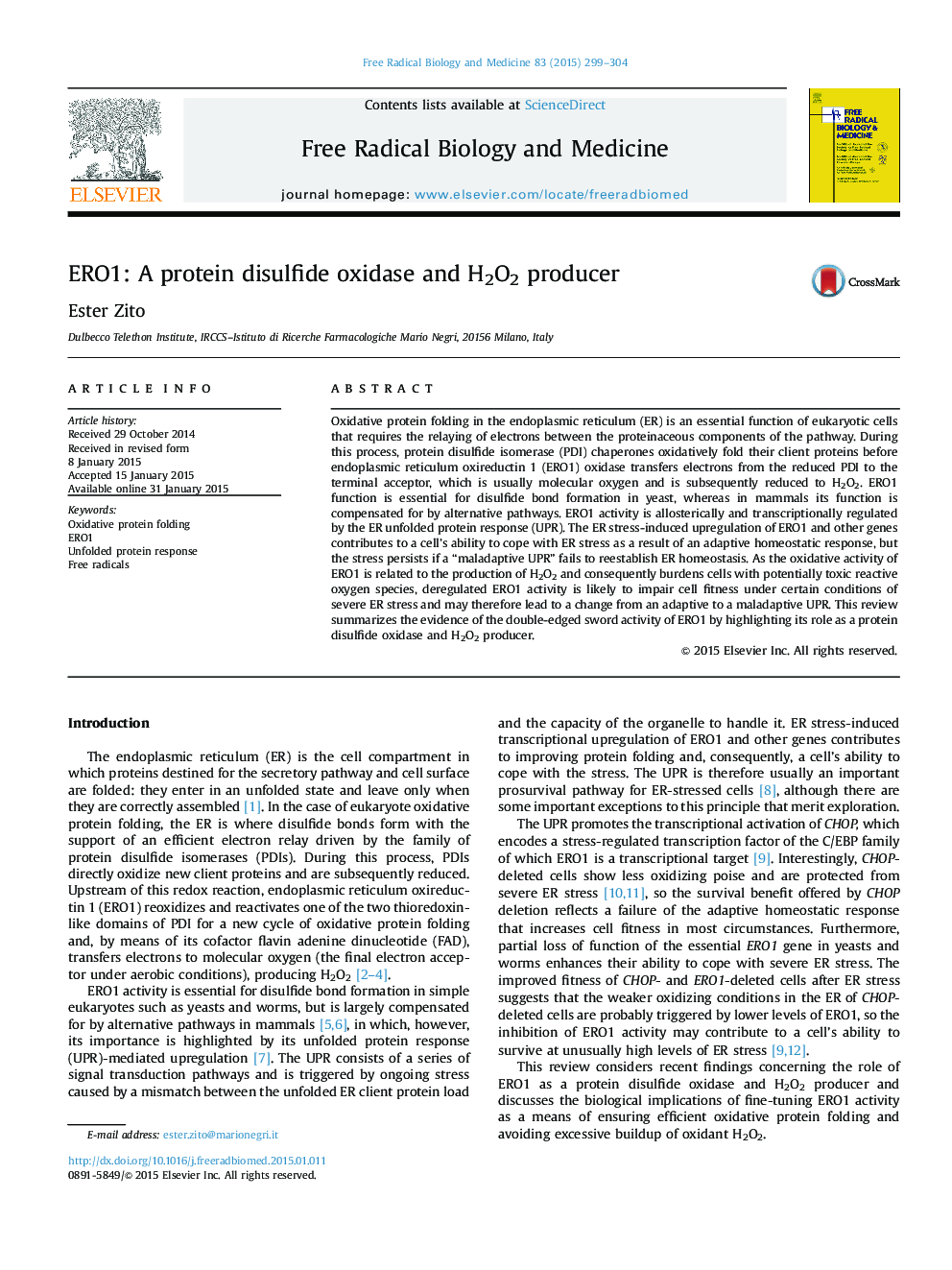 ERO1: A protein disulfide oxidase and H2O2 producer