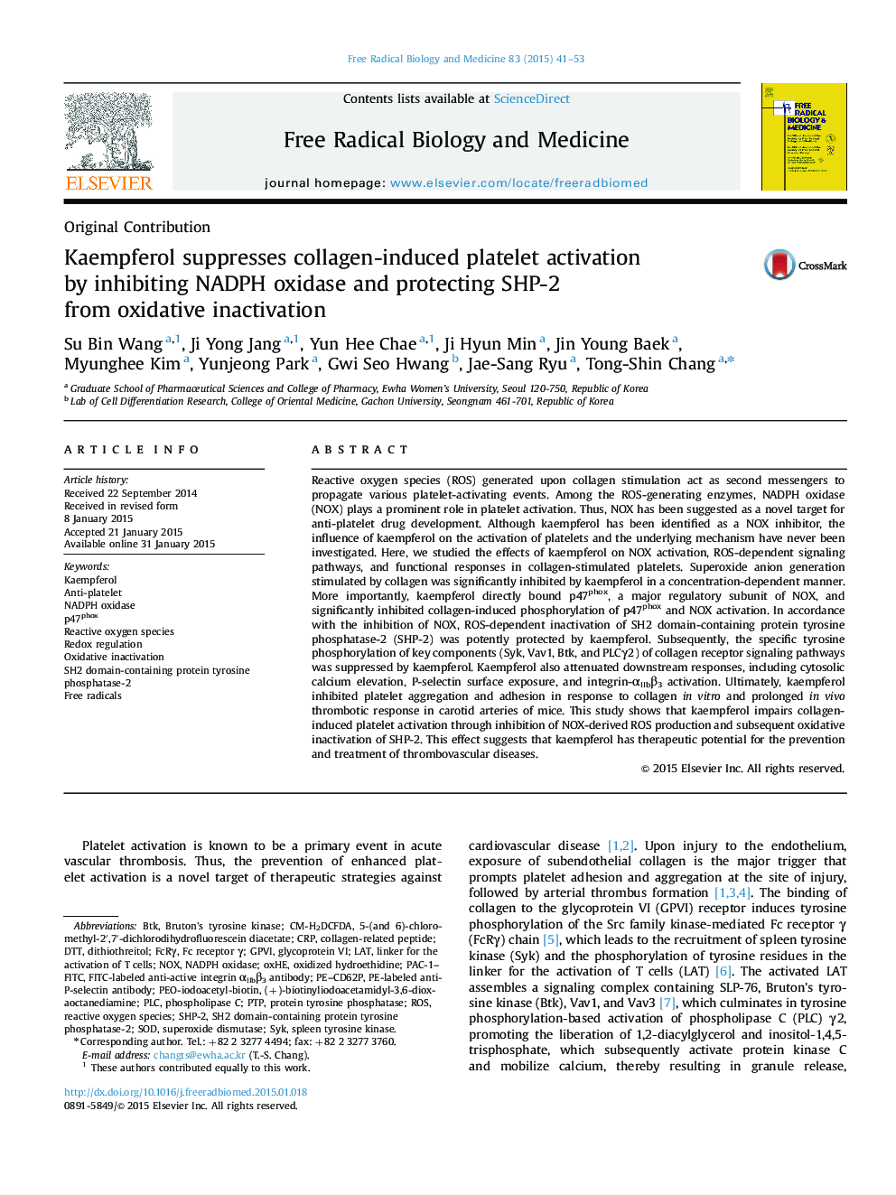 Kaempferol suppresses collagen-induced platelet activation by inhibiting NADPH oxidase and protecting SHP-2 from oxidative inactivation