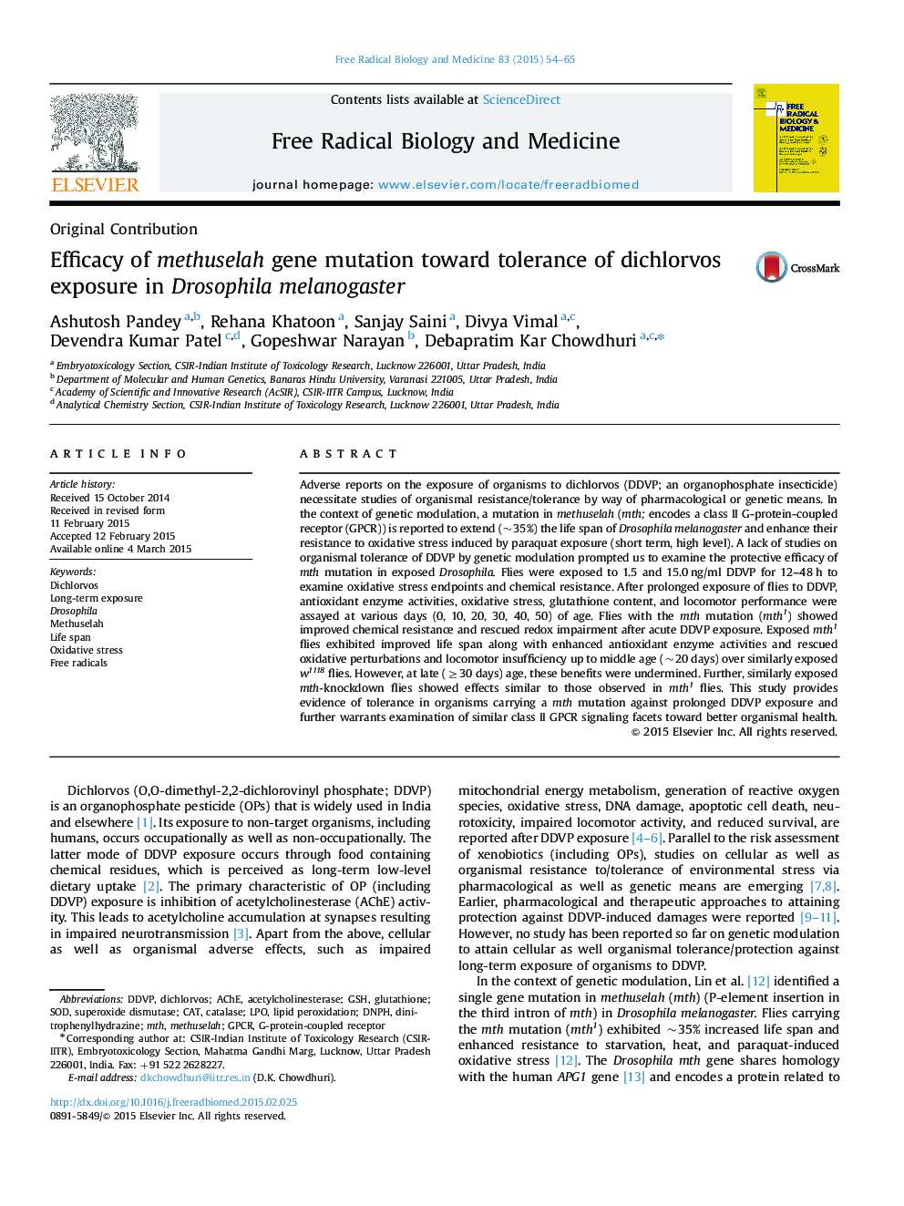 Efficacy of methuselah gene mutation toward tolerance of dichlorvos exposure in Drosophila melanogaster