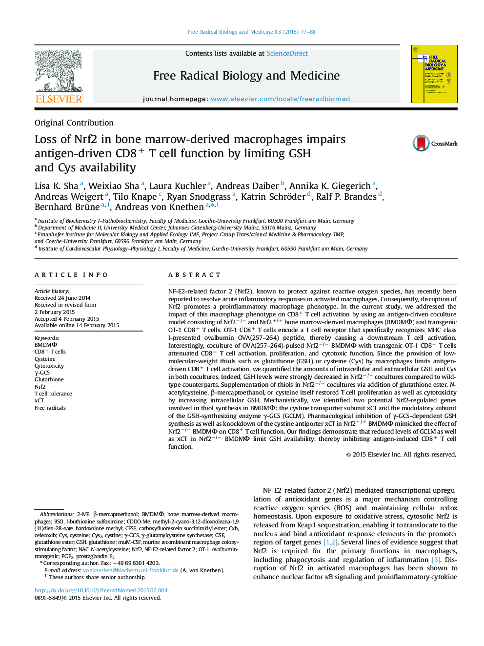 Loss of Nrf2 in bone marrow-derived macrophages impairs antigen-driven CD8+ T cell function by limiting GSH and Cys availability