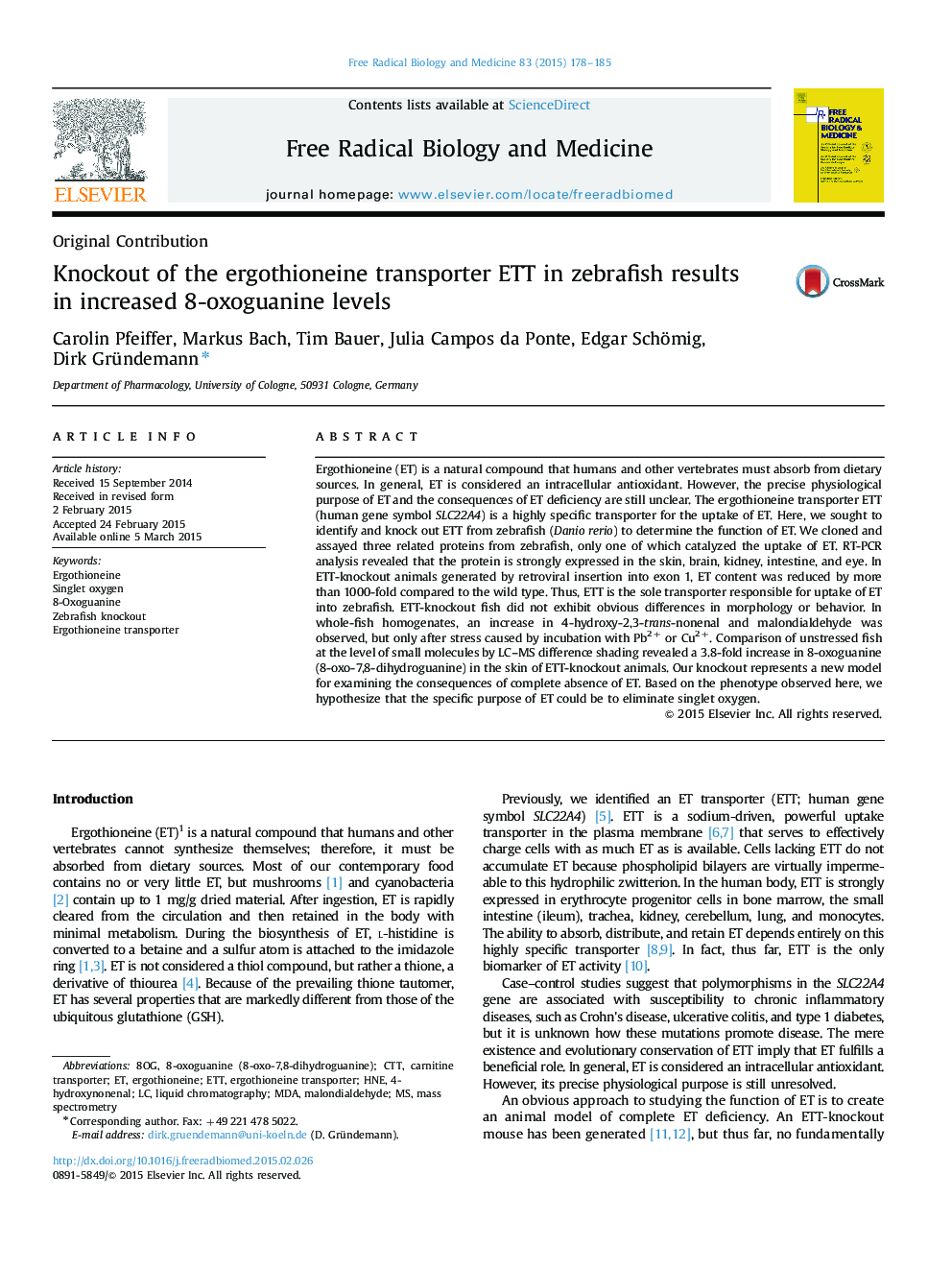 Knockout of the ergothioneine transporter ETT in zebrafish results in increased 8-oxoguanine levels