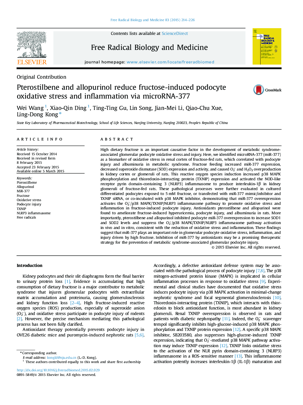 Pterostilbene and allopurinol reduce fructose-induced podocyte oxidative stress and inflammation via microRNA-377