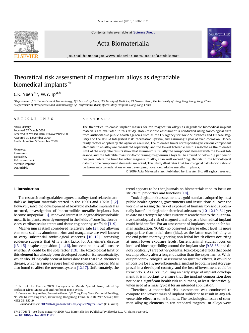عکس صفحه اول مقاله: Theoretical risk assessment of magnesium alloys as degradable biomedical implants Theoretical risk assessment of magnesium alloys as degradable biomedical implants
