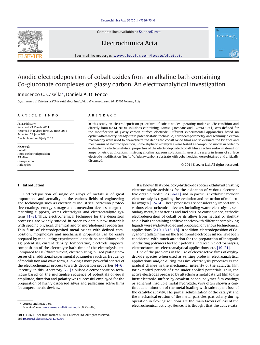 Anodic electrodeposition of cobalt oxides from an alkaline bath containing Co-gluconate complexes on glassy carbon. An electroanalytical investigation