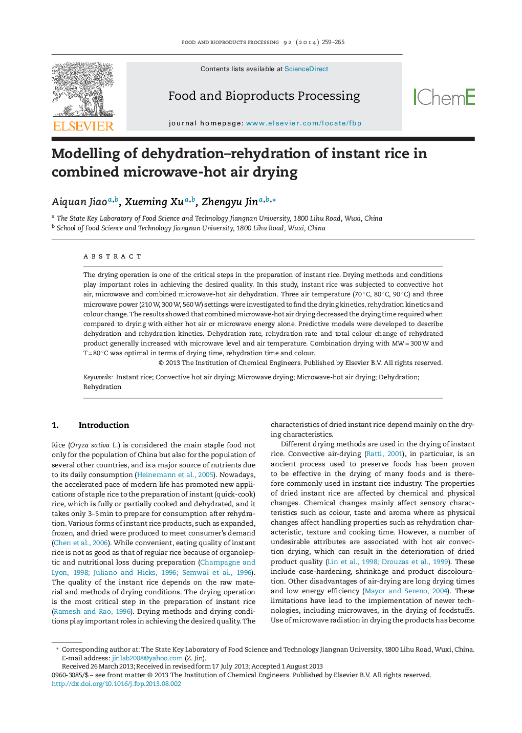 Modelling of dehydration–rehydration of instant rice in combined microwave-hot air drying