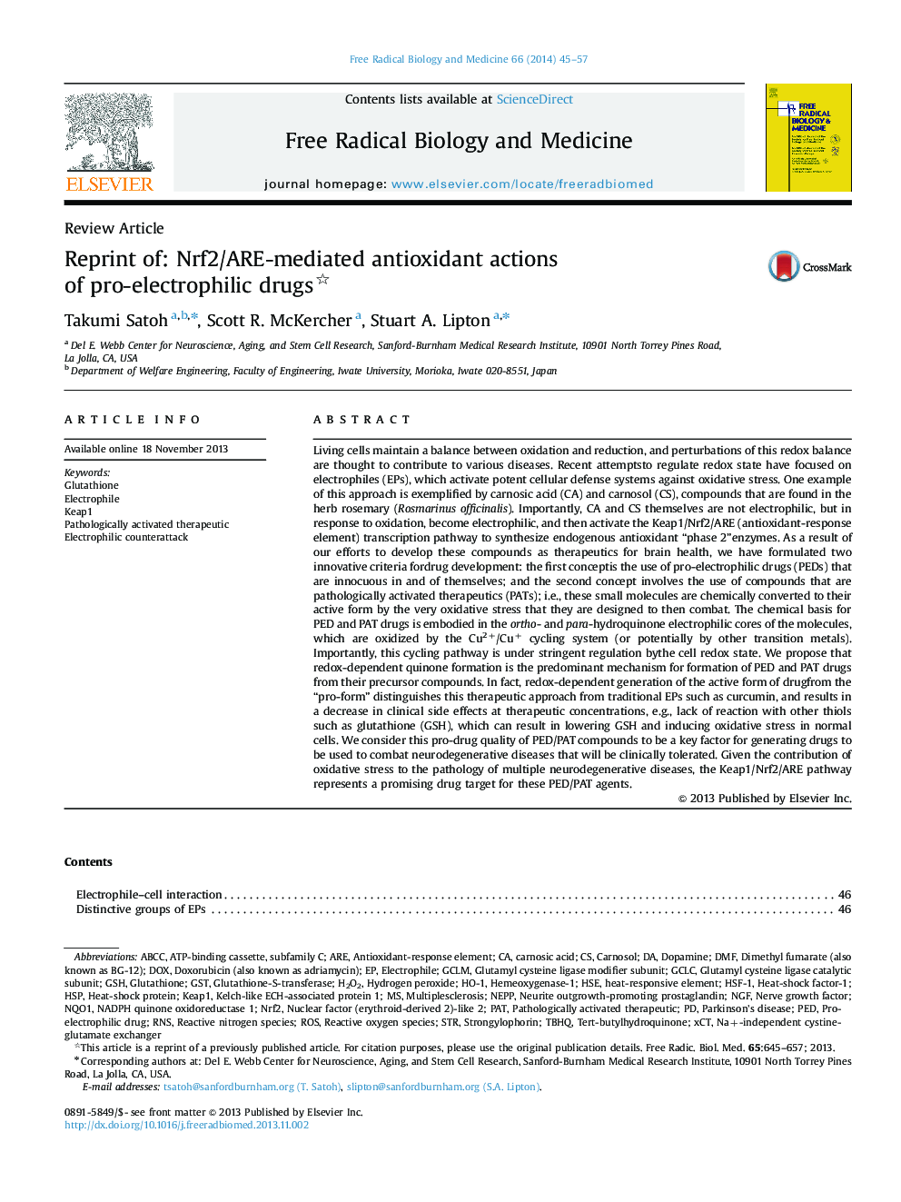 Reprint of: Nrf2/ARE-mediated antioxidant actions of pro-electrophilic drugs 