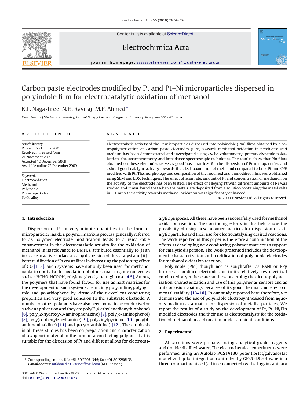 Carbon paste electrodes modified by Pt and Pt–Ni microparticles dispersed in polyindole film for electrocatalytic oxidation of methanol