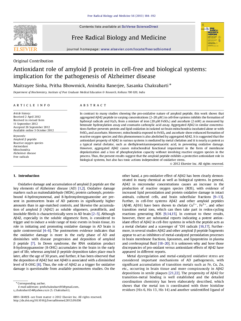 Antioxidant role of amyloid β protein in cell-free and biological systems: implication for the pathogenesis of Alzheimerdisease