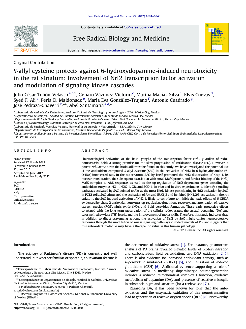 RETRACTED: S-allyl cysteine protects against 6-hydroxydopamine-induced neurotoxicity in the rat striatum: Involvement of Nrf2 transcription factor activation and modulation of signaling kinase cascades