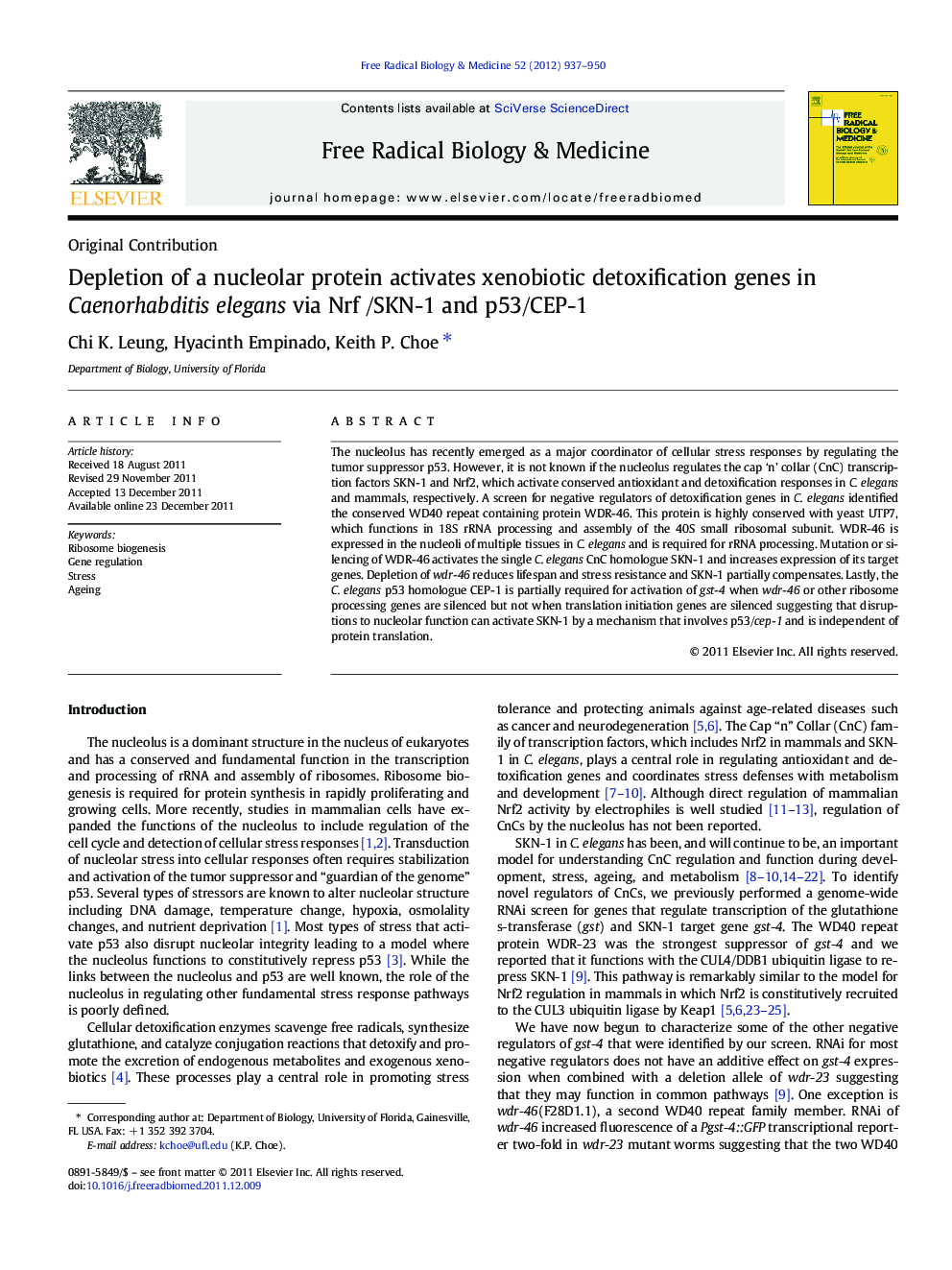 Depletion of a nucleolar protein activates xenobiotic detoxification genes in Caenorhabditis elegans via Nrf /SKN-1 and p53/CEP-1