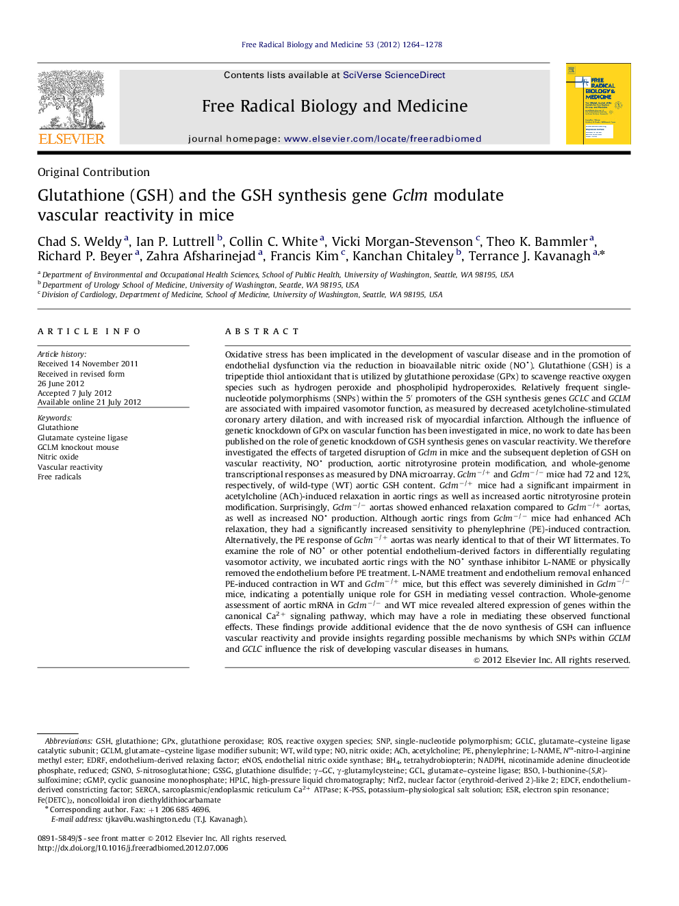 Glutathione (GSH) and the GSH synthesis gene Gclm modulate vascular reactivity in mice