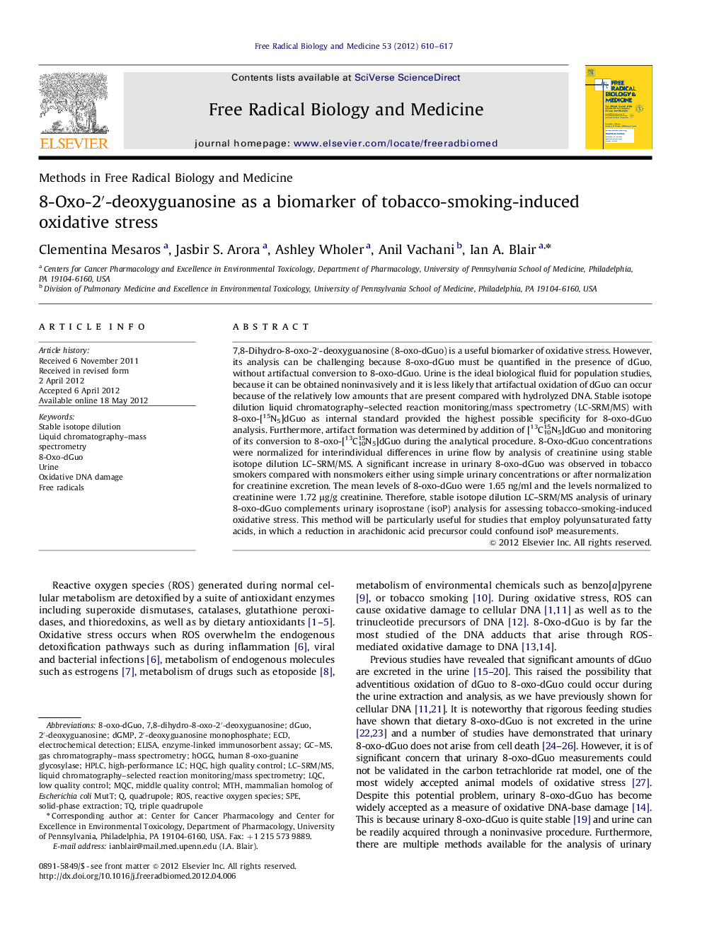 8-Oxo-2′-deoxyguanosine as a biomarker of tobacco-smoking-induced oxidative stress