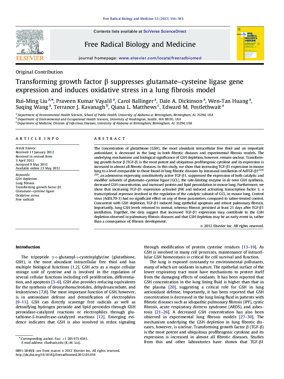 Transforming growth factor β suppresses glutamate–cysteine ligase gene expression and induces oxidative stress in a lung fibrosis model