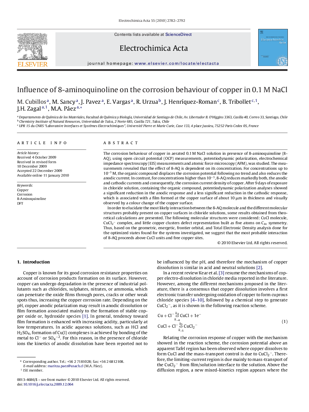 Influence of 8-aminoquinoline on the corrosion behaviour of copper in 0.1 M NaCl