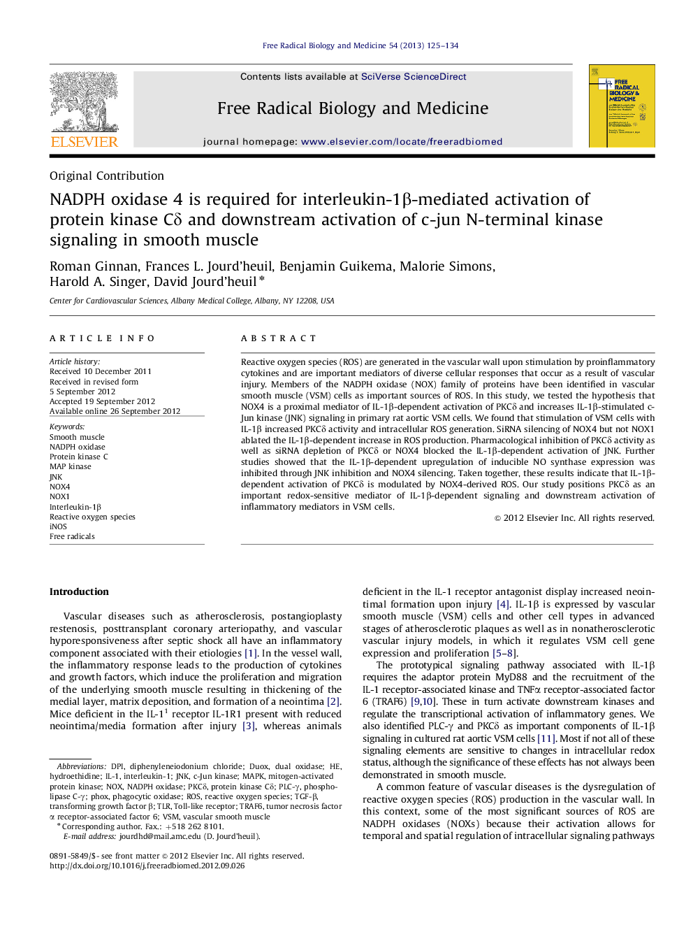 NADPH oxidase 4 is required for interleukin-1β-mediated activation of protein kinase Cδ and downstream activation of c-jun N-terminal kinase signaling in smooth muscle