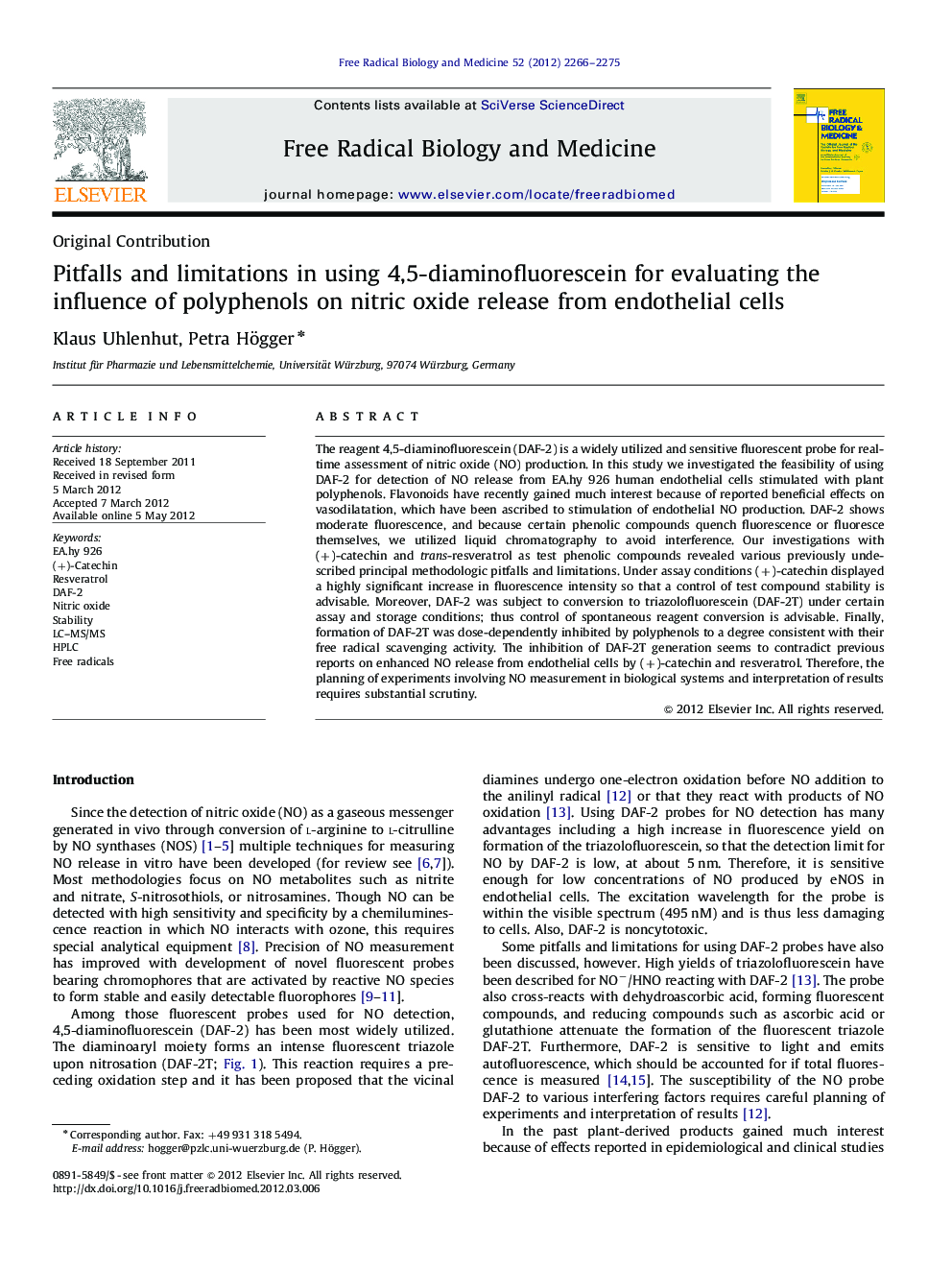 Pitfalls and limitations in using 4,5-diaminofluorescein for evaluating the influence of polyphenols on nitric oxide release from endothelial cells