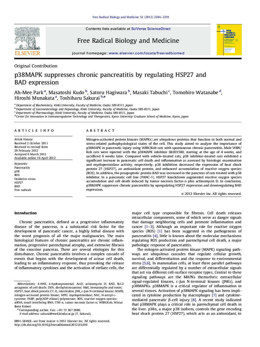 p38MAPK suppresses chronic pancreatitis by regulating HSP27 and BAD expression