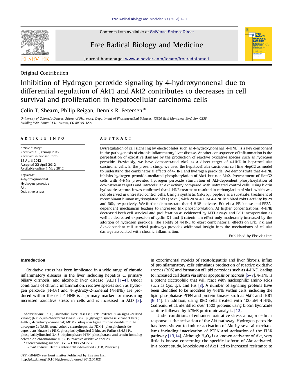 Inhibition of Hydrogen peroxide signaling by 4-hydroxynonenal due to differential regulation of Akt1 and Akt2 contributes to decreases in cell survival and proliferation in hepatocellular carcinoma cells