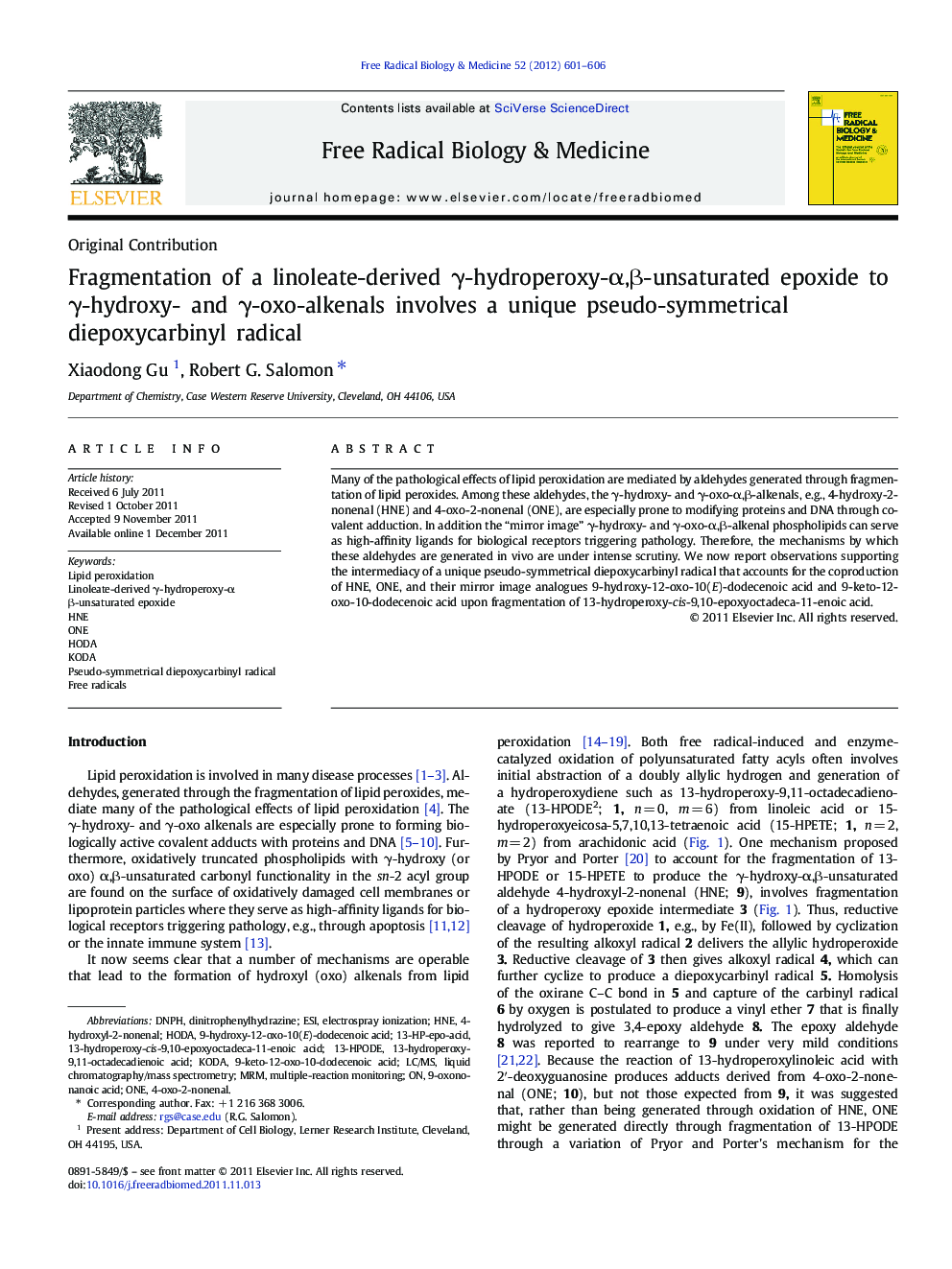 Fragmentation of a linoleate-derived Î³-hydroperoxy-Î±,Î²-unsaturated epoxide to Î³-hydroxy- and Î³-oxo-alkenals involves a unique pseudo-symmetrical diepoxycarbinyl radical