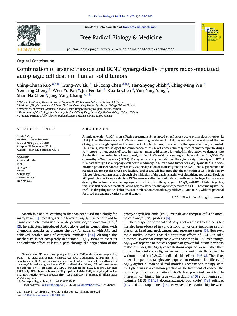 Combination of arsenic trioxide and BCNU synergistically triggers redox-mediated autophagic cell death in human solid tumors