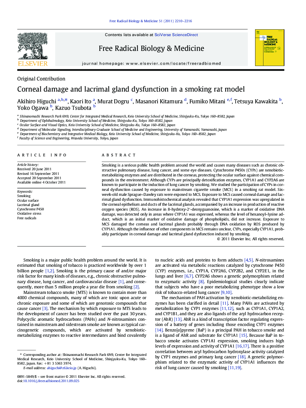 Corneal damage and lacrimal gland dysfunction in a smoking rat model